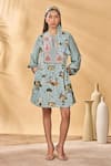 Buy_Masaba_Blue Crepe, Silk Embroidery Keyhole Neck Miniature Dreams Mini Dress _at_Aza_Fashions