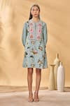 Masaba_Blue Crepe, Silk Embroidery Keyhole Neck Miniature Dreams Mini Dress _Online_at_Aza_Fashions