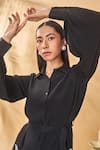 Shop_Masaba_Black Crepe, Silk Embroidery Collared Trellis Palm Shirt Dress _Online_at_Aza_Fashions