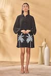 Masaba_Black Crepe, Silk Embroidery Collared Trellis Palm Shirt Dress _at_Aza_Fashions