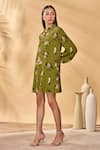 Masaba_Olive Green Crepe, Silk Collared Miniature Dreams Shirt Dress _Online_at_Aza_Fashions