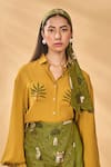 Buy_Masaba_Mustard Crepe Embroidery Collared Trellis Palm Shirt _at_Aza_Fashions
