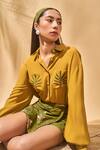 Masaba_Mustard Crepe Embroidery Collared Trellis Palm Shirt _at_Aza_Fashions