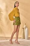 Masaba_Mustard Crepe, Cotton Embroidery Collared Miniature Dreams Skorts Set _Online_at_Aza_Fashions