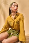 Masaba_Mustard Crepe, Cotton Embroidery Collared Miniature Dreams Skorts Set _at_Aza_Fashions