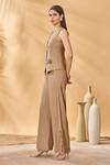 Masaba_Beige Cotton, Linen Embroidery Trellis Palm Trousers _Online_at_Aza_Fashions