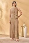 Buy_Masaba_Beige Cotton, Linen Embroidery Trellis Palm Trousers _Online_at_Aza_Fashions