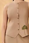 Masaba_Beige Cotton, Linen Embroidery Round Neck Trellis Palm Waistcoat Set _Online_at_Aza_Fashions