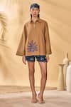 Buy_Masaba_Tan Cotton, Linen, Silk Embroidery Collared Trellis Paw-tree Shorts Set _at_Aza_Fashions