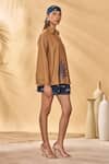 Masaba_Tan Cotton, Linen, Silk Embroidery Collared Trellis Paw-tree Shorts Set _Online_at_Aza_Fashions