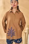 Shop_Masaba_Tan Cotton, Linen, Silk Embroidery Collared Trellis Paw-tree Shorts Set _Online_at_Aza_Fashions