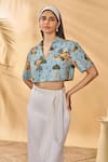 Shop_Masaba_Blue Cotton, Linen V-neck Miniature Dreams Pant Set _Online_at_Aza_Fashions
