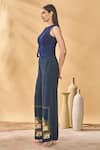 Masaba_Blue Denim Patchwork Round Neck Paw-tree Midnight Waistcoat _at_Aza_Fashions