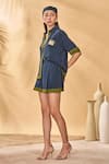 Masaba_Navy Crepe, Silk Embroidery Collared Midnight Holiday Home Shirt _Online_at_Aza_Fashions