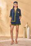 Buy_Masaba_Blue Crepe, Silk Embroidery Collared Midnight Holiday Home Shirt And Shorts Set _at_Aza_Fashions