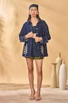 Buy_Masaba_Navy Denim, Crepe Embroidery Collared, Open Neck Trellis Shirt Short Set _at_Aza_Fashions