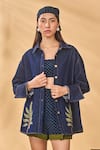 Buy_Masaba_Navy Denim, Crepe Embroidery Collared, Open Neck Trellis Shirt Short Set _Online_at_Aza_Fashions