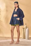 Shop_Masaba_Navy Denim, Crepe Embroidery Collared, Open Neck Trellis Shirt Short Set _Online_at_Aza_Fashions