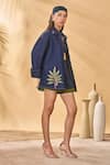 Masaba_Navy Denim, Crepe Embroidery Collared, Open Neck Trellis Shirt Short Set _at_Aza_Fashions