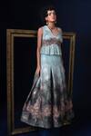 Adi By Aditya Khandelwl_Blue Jacquard Embroidery V-neck Fusion Lehenga Set _at_Aza_Fashions