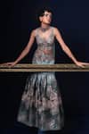 Buy_Adi By Aditya Khandelwl_Blue Jacquard Embroidery V-neck And Green Hand Lehenga Set _Online_at_Aza_Fashions