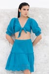 Buy_Beachbum_Blue Cotton Embroidery V-neck Cordon Schiffli Skirt And Tie Top Set _at_Aza_Fashions