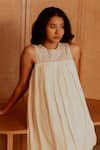 Beachbum_Off White Cotton Embroidery Round Neck Indie Short Balloon Dress _Online_at_Aza_Fashions
