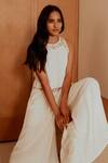 Shop_Beachbum_White Rayon, Crepe Embroidery Round Neck Fair Crop Top And Flared Pant Set _Online_at_Aza_Fashions