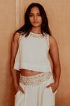 Beachbum_White Rayon, Crepe Embroidery Round Neck Fair Crop Top And Flared Pant Set _at_Aza_Fashions