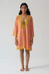 Beachbum_Pink Embroidery V-neck Tangerine Tango Kurta Coverup _Online_at_Aza_Fashions