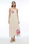 Payal Pratap_Beige Linen Embroidery Square Neck Hulthemia Strap Dress _Online_at_Aza_Fashions