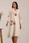 OMI_Off White Chanderi, Cotton Embroidery Shawl Neck A-line Dress _Online_at_Aza_Fashions