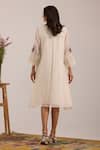 Shop_OMI_Off White Chanderi, Cotton Embroidery Shawl Neck A-line Dress _at_Aza_Fashions