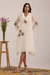 OMI_Off White Chanderi, Cotton Embroidery Shawl Neck A-line Dress _at_Aza_Fashions