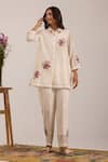 Buy_OMI_Off White Chanderi, Cotton Satin Embroidery, Lace Collared Floral Pant Set _at_Aza_Fashions