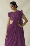 Merge Design_Wine Net, Organza, Georgette Embroidery, Multicolor Floral Fusion Lehenga Set _Online_at_Aza_Fashions