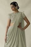 Merge Design_Green Net, Georgette Embroidery Round Neck Sage Lehenga Set _Online_at_Aza_Fashions
