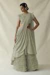 Buy_Merge Design_Green Net, Georgette Embroidery Round Neck Sage Lehenga Set _at_Aza_Fashions