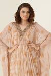 Merge Design_Peach Georgette, Crepe Sequins, Stones V-neck Kaftan With Inner Slip _Online_at_Aza_Fashions