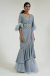 Buy_Merge Design_Blue Net, Crepe, Georgette Mirrors Round Neck Powder Work Pre-draped Saree _at_Aza_Fashions