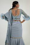 Shop_Merge Design_Blue Net, Crepe, Georgette Mirrors Round Neck Powder Work Pre-draped Saree _at_Aza_Fashions