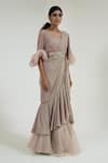 Buy_Merge Design_Pink Net, Georgette Mirrors Round Neck Pale Work Pre-draped Saree _at_Aza_Fashions
