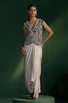 Buy_Two Sisters By Gyans_Navy Silk, Satin Embroidery V-neck Blue Dhoti Skirt And Jacket Set _at_Aza_Fashions