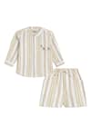 Shop_Tiber Taber_Beige Cotton Embroidery Giraffe Striped Shirt And Shorts Set _at_Aza_Fashions