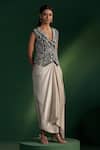 Two Sisters By Gyans_Navy Silk, Satin Embroidery V-neck Blue Dhoti Skirt And Jacket Set _at_Aza_Fashions