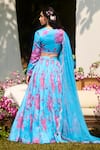 LASHKARAA_Blue Silk Embroidery Round Neck Light Floral Printed Lehenga Set _Online_at_Aza_Fashions