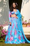 Buy_LASHKARAA_Blue Silk Embroidery Round Neck Light Floral Printed Lehenga Set _at_Aza_Fashions