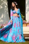 LASHKARAA_Blue Silk Embroidery Round Neck Light Floral Printed Lehenga Set _at_Aza_Fashions