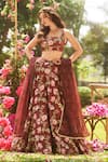 LASHKARAA_Brown Silk Embroidery Round Neck Floral Print Lehenga Set _at_Aza_Fashions