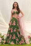 Shop_LASHKARAA_Green Silk Sequins V-neck Floral Printed Lehenga Set _Online_at_Aza_Fashions
